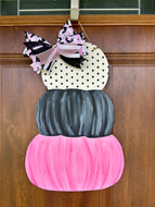Black and Pink Stacked Pumpkins, Halloween Door Hanger for Front Porch