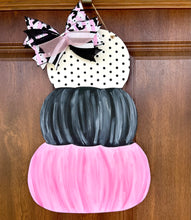 Load image into Gallery viewer, Black and Pink Stacked Pumpkins, Halloween Door Hanger for Front Porch
