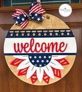 Patriotic Welcome Door Sign - Americana Door Hanger - Red, White and Blue