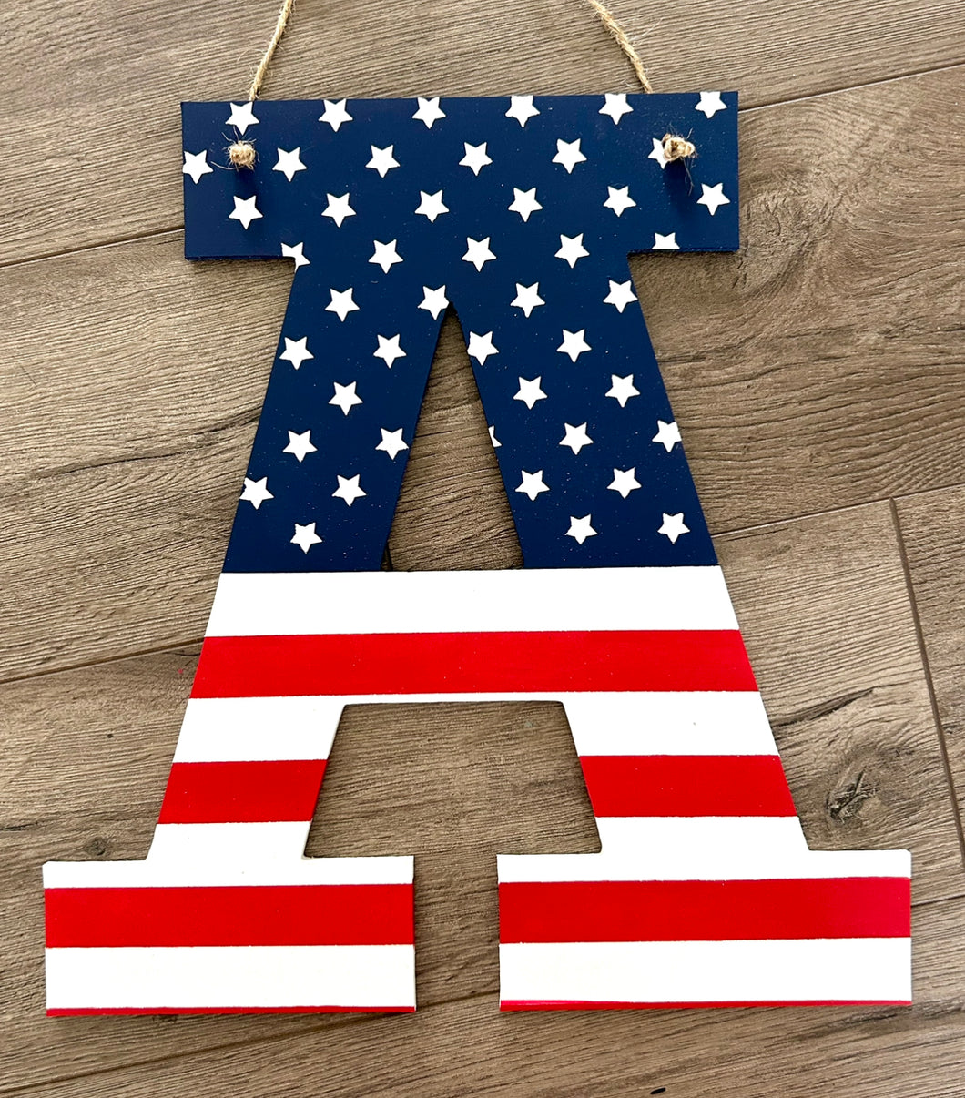 American Flag Door Hanger - Patriotic Decor - Personalized Initial Decor- American Decor