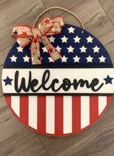 Load image into Gallery viewer, Patriotic Welcome Door Sign - Americana Door Hanger - Red, White and Blue
