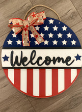 Load image into Gallery viewer, Patriotic Welcome Door Sign - Americana Door Hanger - Red, White and Blue
